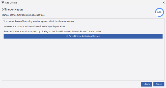 Screen shot showing the add offline license screen with button to download the request