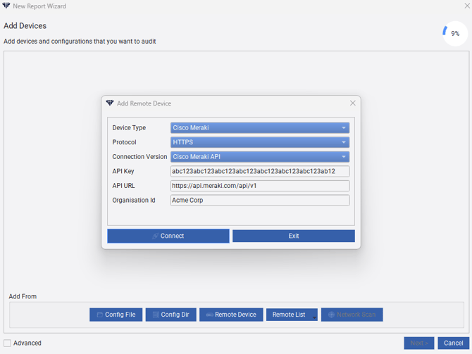 Screenshot showing where to enter Meraki API Key and Organization ID in the New Report remote device dialog